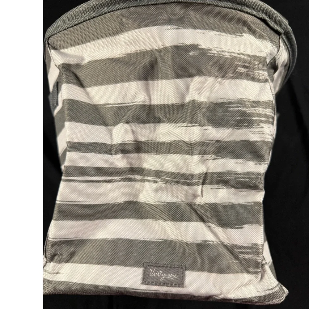 Thirty-One Mini Storage Bin Grey White Brushstroke Stripe Organizer Office Bag